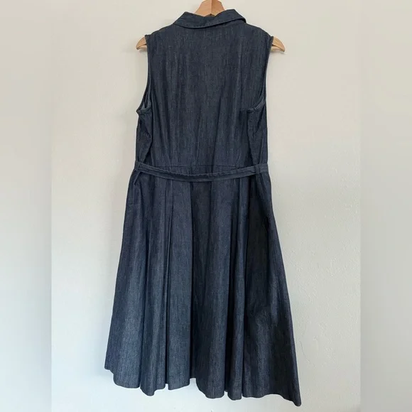 Boden denim dress Midi Pleated Button Down Dark Wash Belted sizes 14L NWOT - Picture 6 of 9